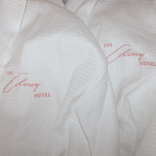 white waffle spa robes with colony logo embroidery