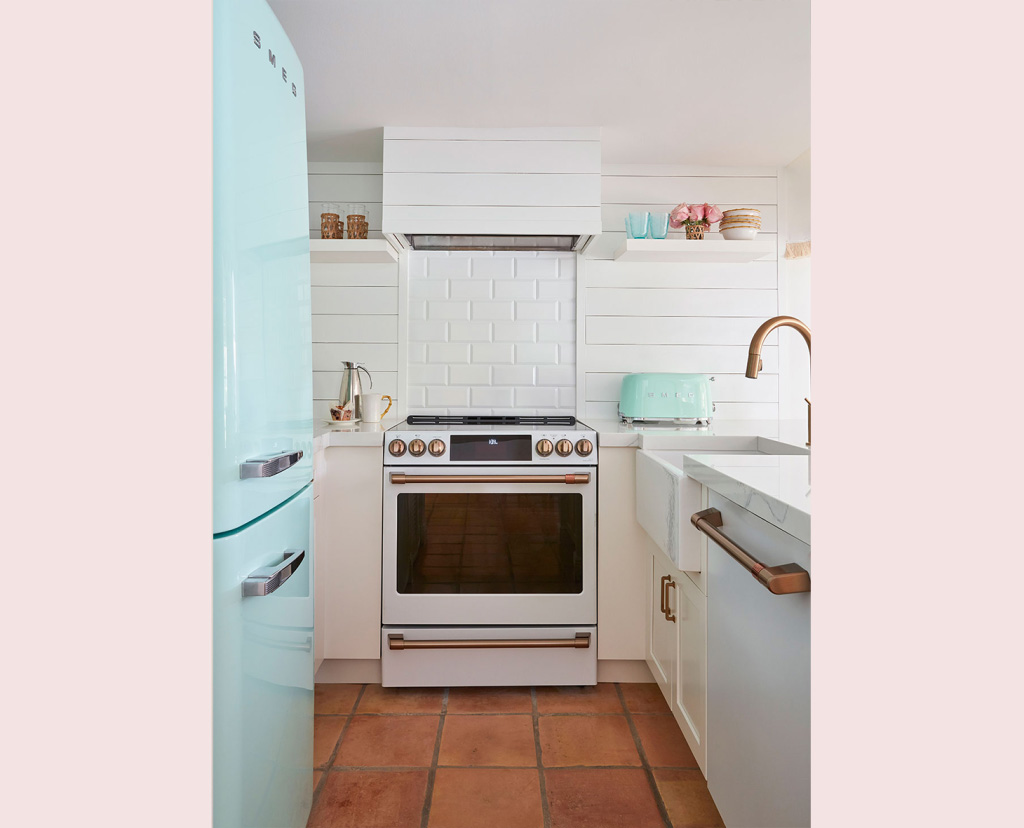 kitchen with mint green refrigerator